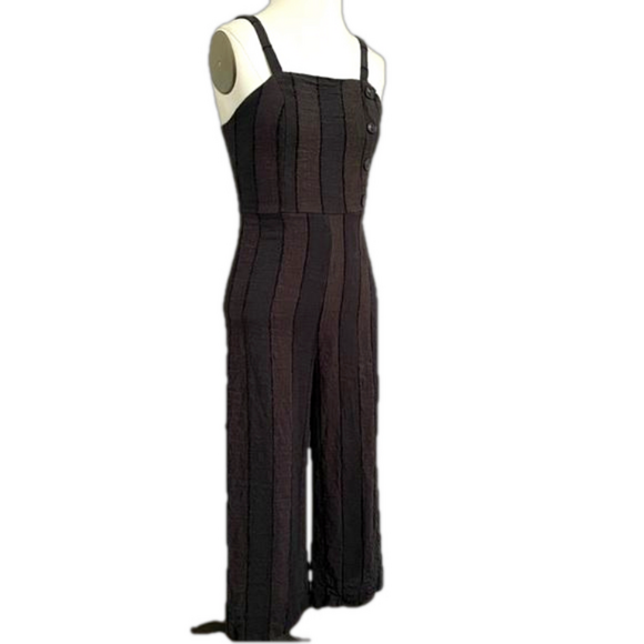 Black Striped Linen Cotton Cropped Wide Straight Leg Dungarees / Overalls - S - Picture 4 of 9
